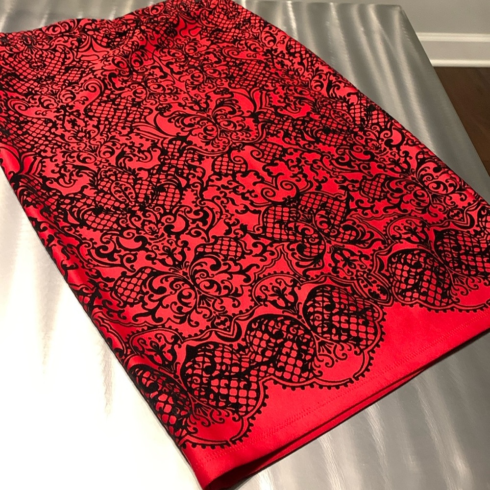 Melissa Paige-Steinmart-Red Velvet Flocked Pencil Skirt Size S